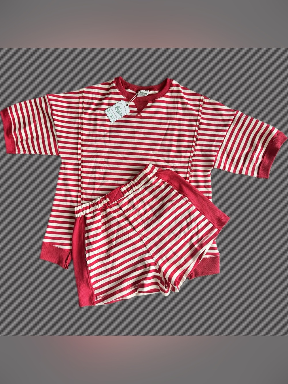 Relaxed Striped Crewneck Top Short Set in Red and Cream